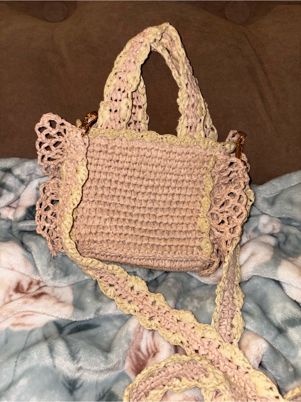 Soft Pink Crochet Crossbody Bag with Cream Trim
